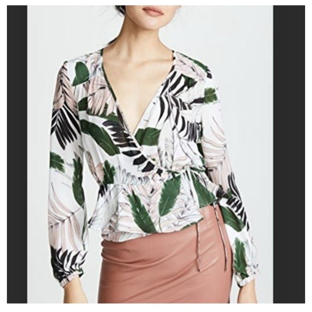 Milly Kia Wrap Tropical Print Silk Wrap Blouse Pink Green Size 8 Summer Beach‎